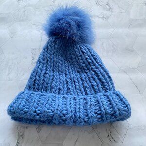 KYIKYI Chunky Knit Faux Fur Pom-Pom Beanie Cable Knit Handmade Wool Sky Blue